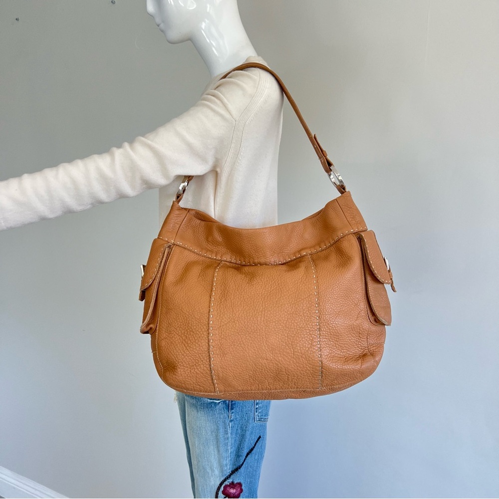 CARLA MANCINI Tan Pebble Leather White Stitching Side Pockets Large Shoulder Bag